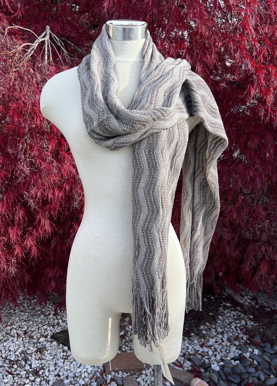 Vtg Dolce & Gabbana Scarf Shawl Brown Taupe 82x36 Zigzag Wool Viscose NWT Lux